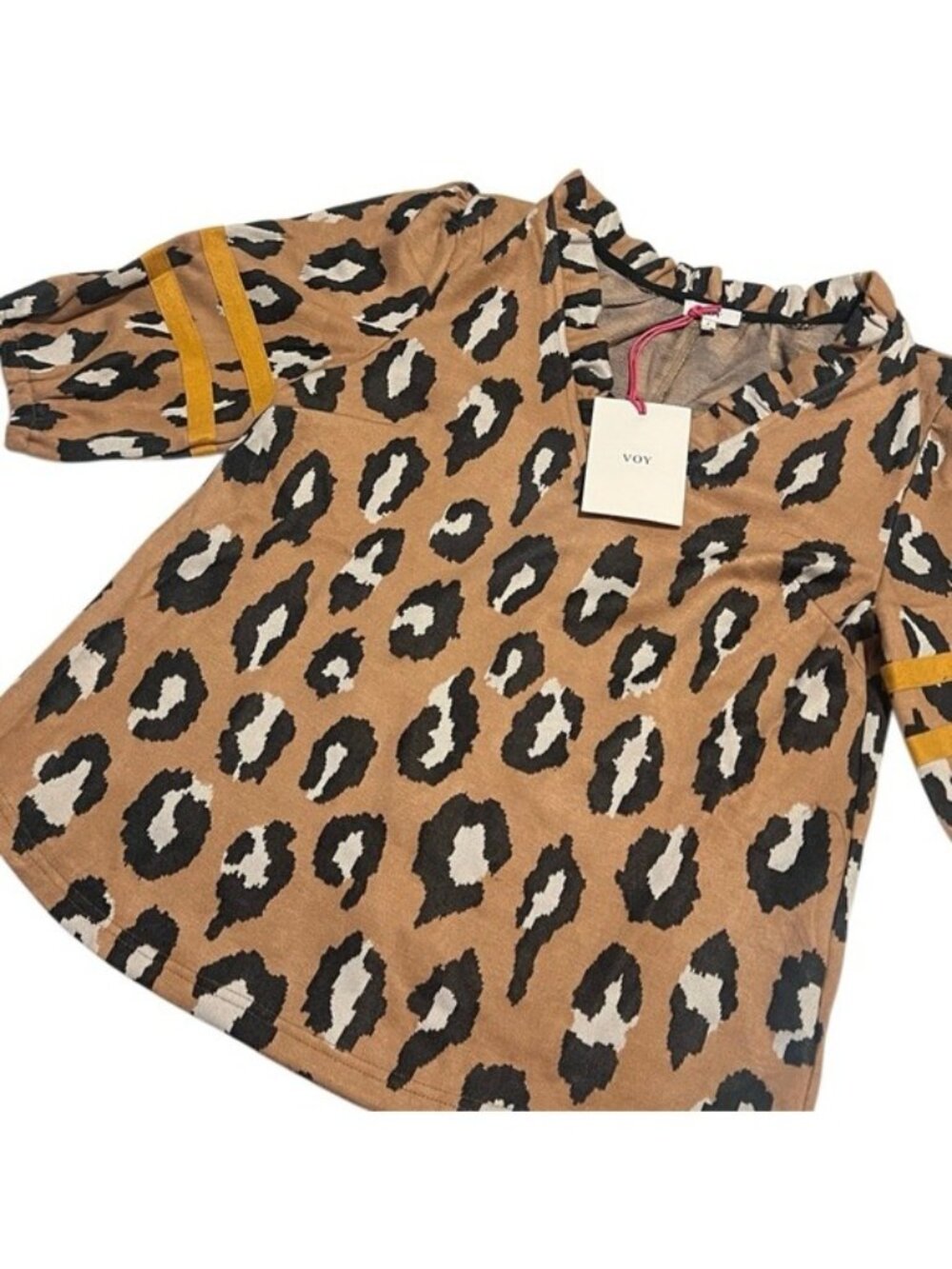 Voy Leopard Print Puff Sleeve V Neck Ruffle Top Size Small NWT